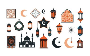 Geometrik desenli ve fenerli kaliteli Ramazan dekorasyonları. Zarif kutlama kutlamaları ve kart tasarımları için yüksek kaliteli turuncu ve deniz vektörleri.