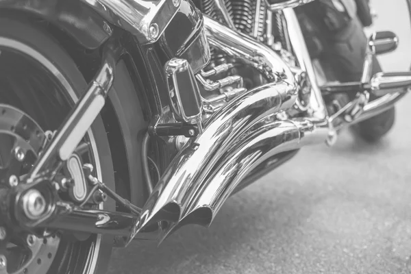 Close up of motorcycle exhaust, old black and white — Stock Photo, Image