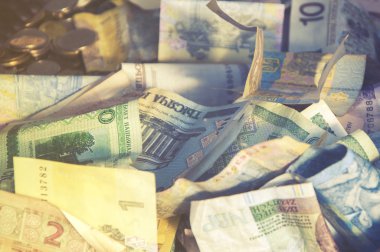 Yabancı para kolaj arka plan. Banka notları farklı ülkeden, vintage etkisi