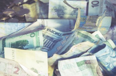 Yabancı para kolaj arka plan. Banka notları farklı ülkeden, vintage etkisi