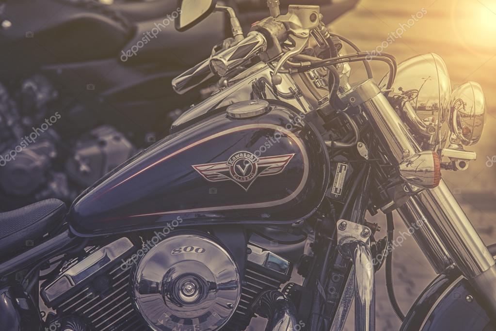 Wroclaw - APRIL 23: Kawasaki sign on motorcycle at the Motor Show on April 23, 2016 in Wroclaw Poland.