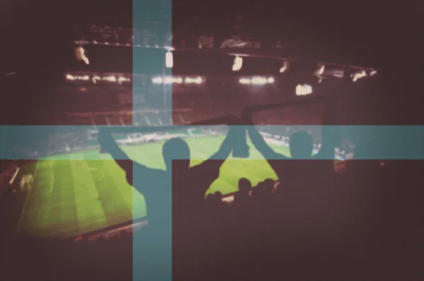 Estádio desportivo com ventiladores e misturando bandeira da Dinamarca — Fotografia de Stock