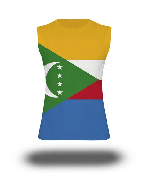 Sportos ujjatlan póló a Comore-szigeteki zászló fehér háttér és árnyék — Stock Fotó