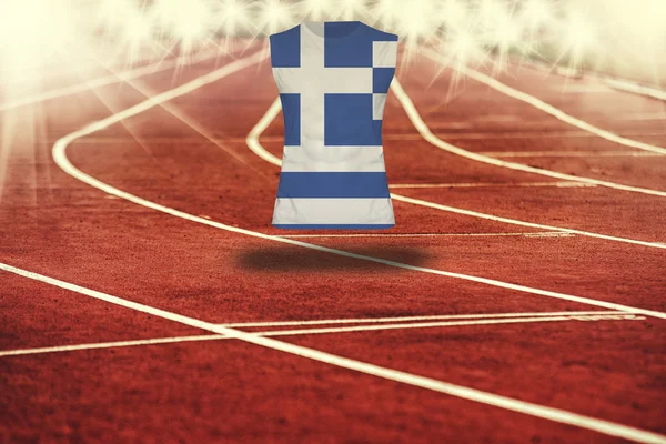 Red running track with lines and Greece  flag on shirt — Stock Photo, Image