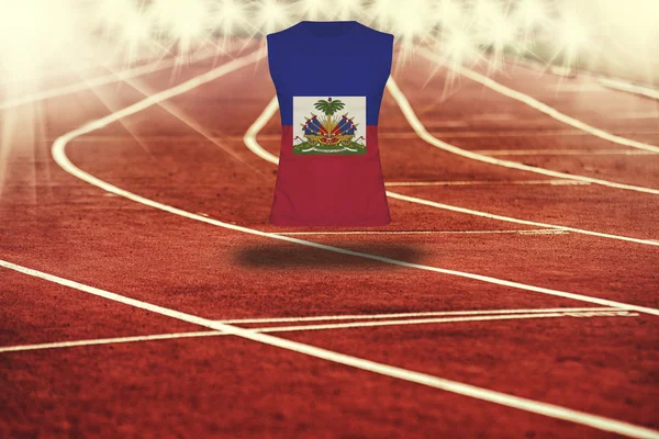 เส้นทางวิ่งสีแดงที่มีเส้นและธงเฮติบนเสื้อ — ภาพถ่ายสต็อก