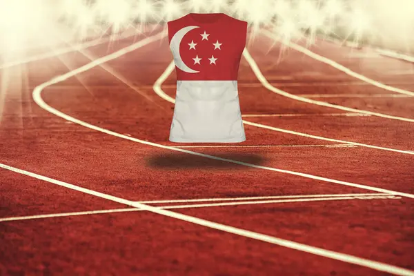 Pista de atletismo roja con líneas y bandera de Singapur en camisa — Foto de Stock