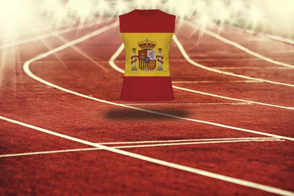 Czerwony Bieżnia z liniami i flaga Hiszpania na koszuli — Zdjęcie stockowe