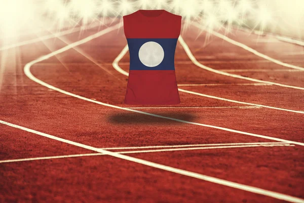 Red running track with lines and Lao PDR flag on shirt — Stock Photo, Image