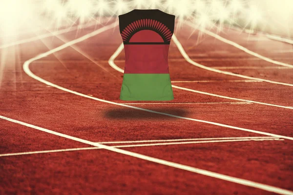 Pista de corrida vermelha com linhas e bandeira do Malawi na camisa — Fotografia de Stock