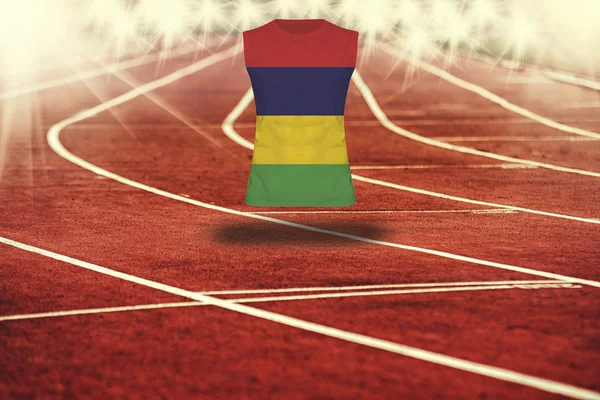 Red running track with lines and Mauritus flag on shirt — Stock Photo, Image