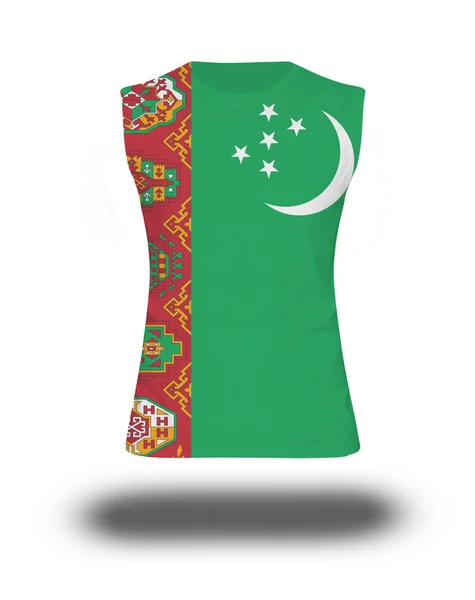Sportos ujjatlan póló, Türkmenisztán zászló fehér háttér és árnyék — Stock Fotó
