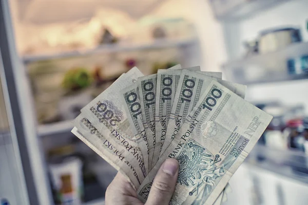 Hand with PLN  money in front of open fridge — Stock Photo, Image