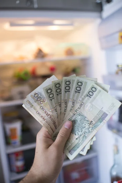 Mano con dinero PLN delante de la nevera abierta —  Fotos de Stock
