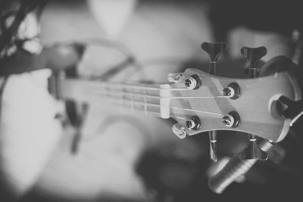 Primer plano de guitarra bajo eléctrico. blanco y negro — Foto de Stock