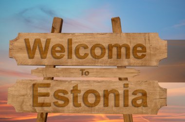 Estonya Hoşgeldiniz şarkı ulusal bayrak harmanlama ile ahşap arka plan üzerinde
