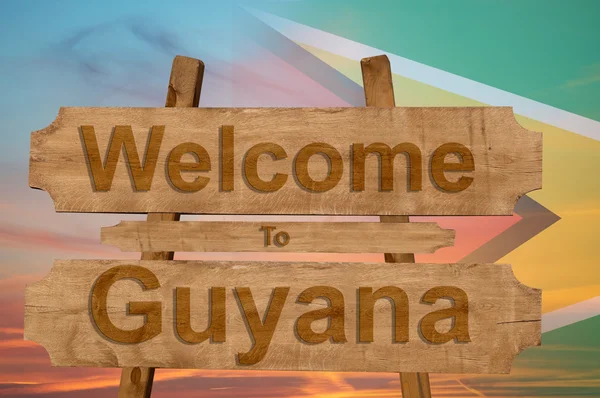 Benvenuti in Guyana cantare su sfondo di legno con la miscelazione bandiera nazionale — Foto Stock