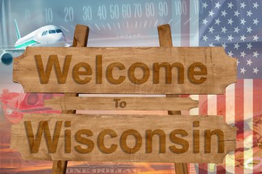Ahşap, travell Tema tabelada ABD Wisconsin durumda hoş geldiniz