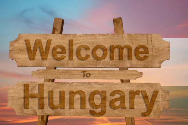 Bem-vindo à Hungria cantar em fundo de madeira com misturar bandeira nacional — Fotografia de Stock