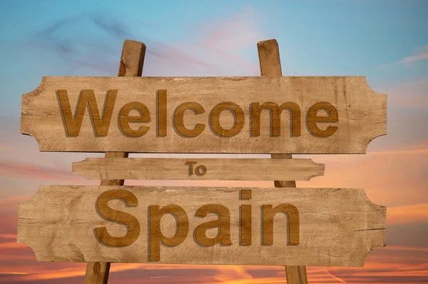 Benvenuti in Spagna segno su sfondo di legno — Foto Stock