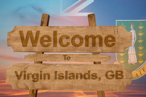 Bem-vindo ao Virgin Islands GB cantar em fundo de madeira com bandeira nacional de mistura — Fotografia de Stock