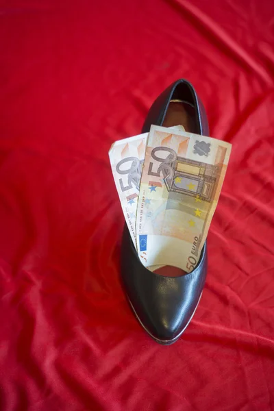expensive shoes, shoe with euro banknot on red bed