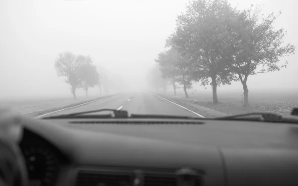 Carro dirigindo na estrada de nevoeiro — Fotografia de Stock