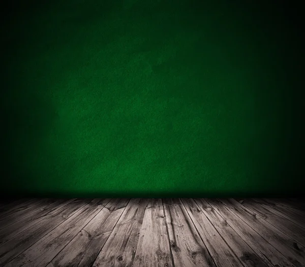 Groene muur en houten vloer interieur achtergrond — Stockfoto