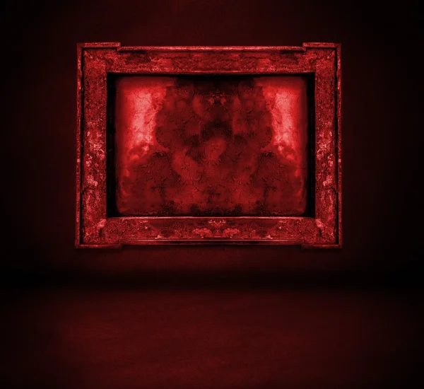 Donker rood bloedige muur met frame en vloer interieur achtergrond — Stockfoto