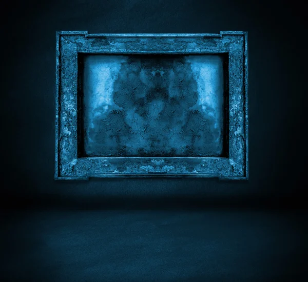 Perete albastru închis cu cadru și fundal interior podea — Fotografie, imagine de stoc