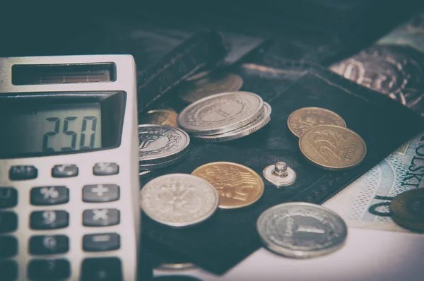 Vintage Polish PLN money with wallet and calculator — Stock Photo, Image