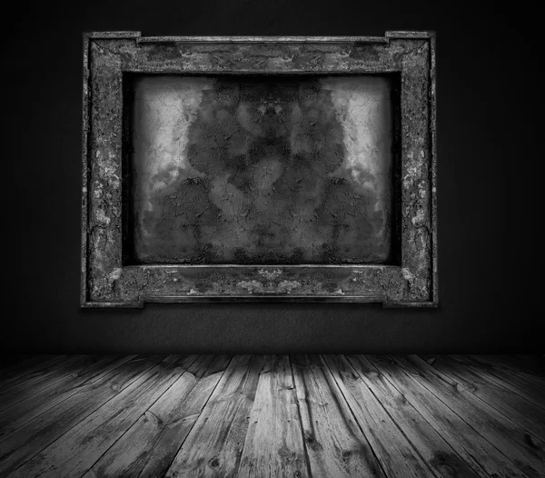 Çerçeve ve ahşap zemin iç arka plan ile karanlık duvar — Stok fotoğraf