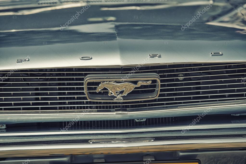 Sleza, Poland, August 15, 2015: Close up on Old Vintage Ford Mustang logo on  Motorclassic show on August 15, 2015 in the Poland