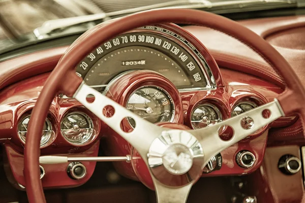 Sleza, Poland, August 15, 2015: Close up on Corvette vintage car steering wheel and kockpit on  Motorclassic show on August 15, 2015 in the Poland Stock Picture
