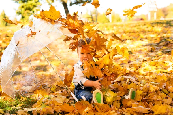 Ευτυχισμένος μικρό παιδί, κοριτσάκι, γελώντας και παίζοντας το φθινόπωρο — Φωτογραφία Αρχείου