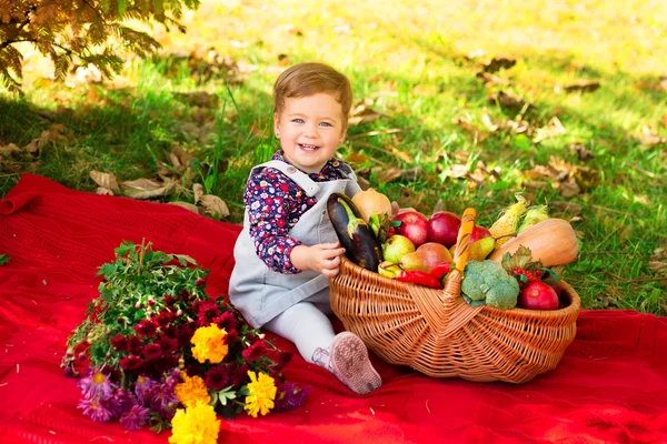 Happy little child, baby girl laughing and playing in the autumn — Stock Photo, Image