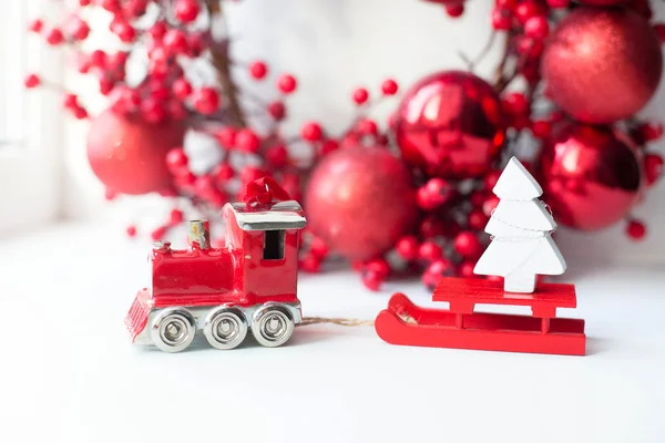 Beautiful red Christmas toys on a white background. Amazing Chri — Stock Photo, Image