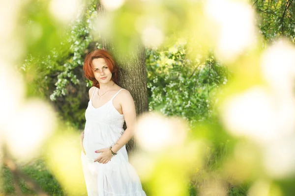 Junge Schwangere gegen blühenden Baum im Frühling — Stockfoto