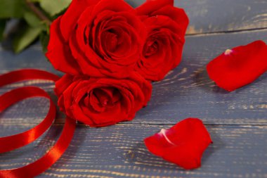 Büyük kırmızı gül tomurcukları hediye kurdelesi ve taç yapraklarıyla ahşap bir arka planda yatar. Sevgililer Günü 'nde ya da Anneler Günü' nde en sevdiğin kadınlar için bir hediye.