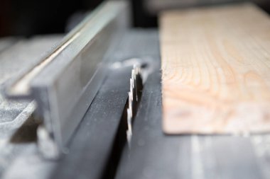 Ahşap işleme için marangoz makinesi, dairesel testere. yakın plan fotoğraf