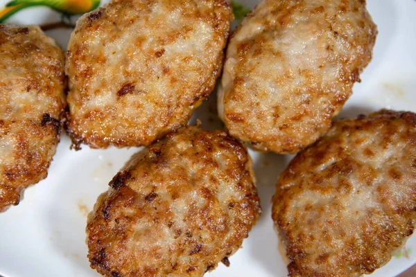 Fried Delicious Meat Cutlets White Plate Close Photo Food — Stock Photo, Image