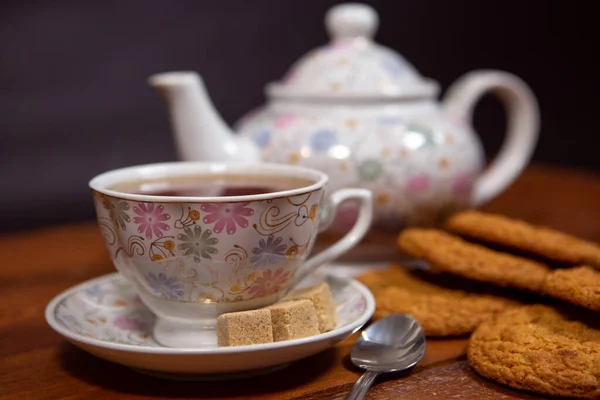 Whole Grain Oatmeal Cookies Cup Tea Sugar Wooden Table — Stock Photo, Image