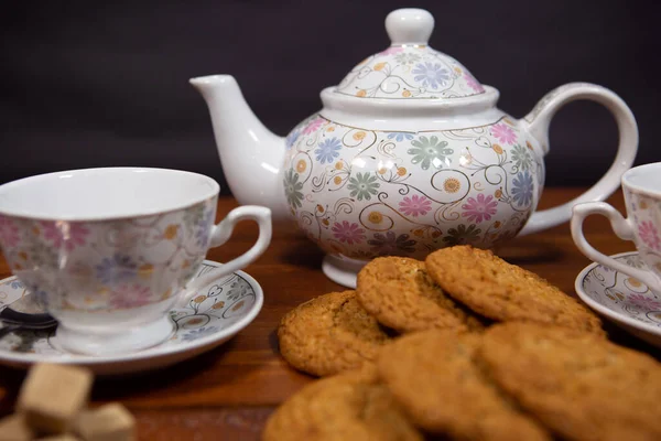 Fresh Homemade Oatmeal Cookies Tea Set Dark Wooden Background — Stock Photo, Image