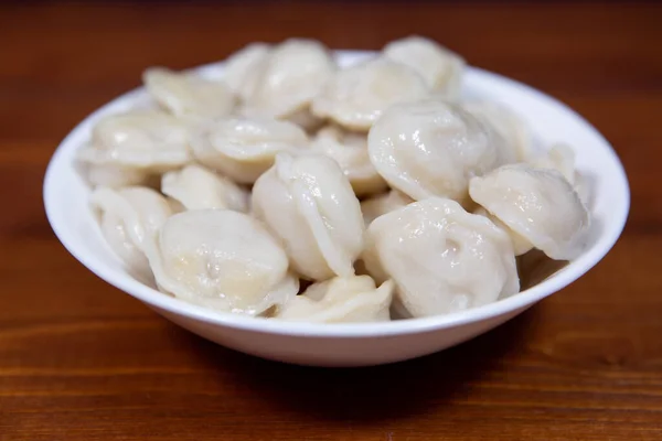 Homemade Delicious Boiled Dumplings White Plate Wooden Table — Stock Photo, Image