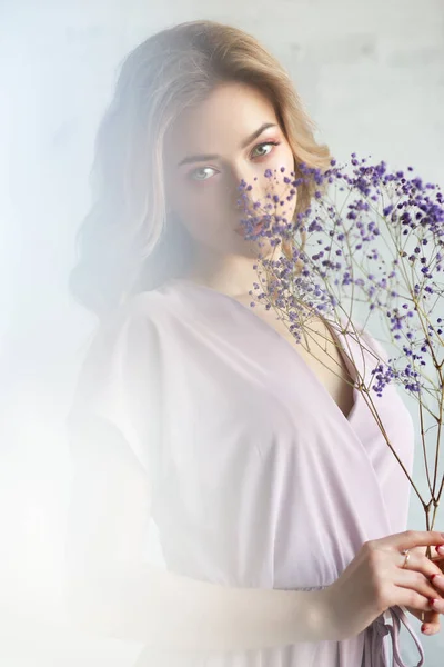 Fashion Photo Beautiful Young Woman Beautiful Dress Flowers Posing White — Stok fotoğraf