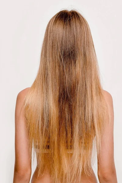 Slender Girl Stands Her Back Long Hair Dry Damage — Stock Photo, Image