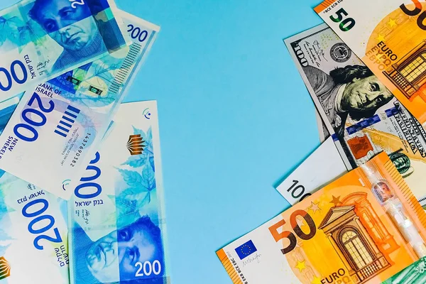 Izraeli Sékelek Sorozata Euró Amerikai Dollár Pénz Háttér Számlák 100 Stock Kép