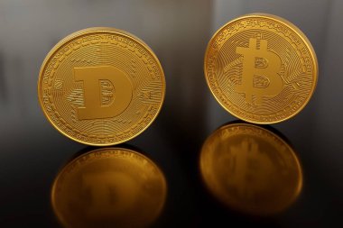 Karanlık bir arkaplanda iki bitcoin madeni para, büyüme oranı, geleceğe yatırım, bitcoin ve dogekoi 'ye elon misk yatırımları