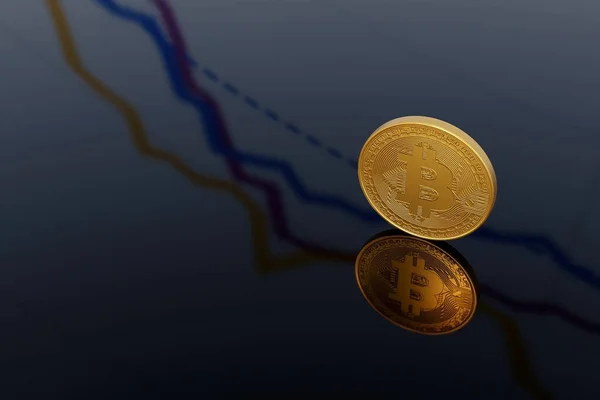 Eine Bitcoin Münze Auf Dunklem Hintergrund Mit Einem Diagramm Fallende — Stockfoto