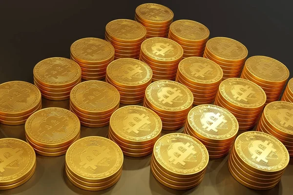 Viele Bitcoin Goldmünzen Liegen Form Einer Pyramide Auf Einem Dunklen — Stockfoto