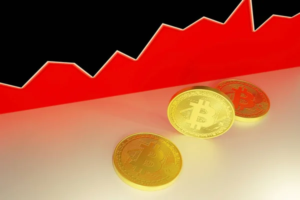 Drei Bitcoin-Münzen auf dunklem Hintergrund mit einer Graphik, Wachstumsrate, Investition in die Zukunft — Stockbild Drei Bitcoin Münzen Auf Dunklem Hintergrund Mit Einer Graphik Wachstumsrate — Stockfoto